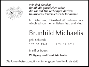Traueranzeige von Brunhild Michaelis von Mitteldeutsche Zeitung Halle/Saalkreis