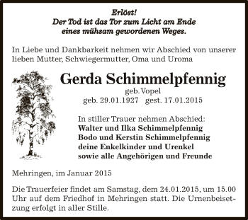 Traueranzeige von Gerda Schimmelpfennig von Super Sonntag Aschersleben