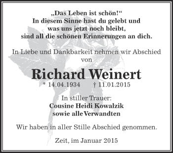 Traueranzeige von Richard Weinert von Super Sonntag Zeitz