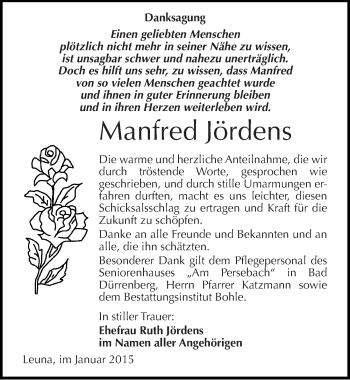 Traueranzeige von Manfred Jördens von Mitteldeutsche Zeitung Merseburg/Querfurt