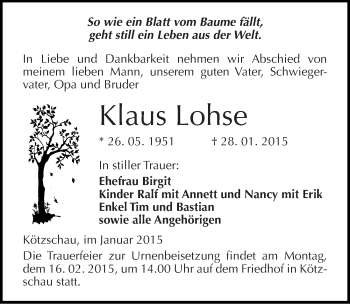 Traueranzeige von Klaus Lohse von Mitteldeutsche Zeitung Merseburg/Querfurt