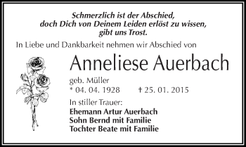 Traueranzeige von Anneliese Auerbach von Mitteldeutsche Zeitung Halle/Saalkreis