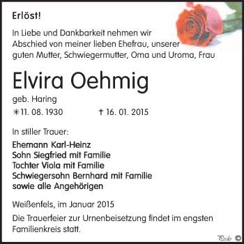 Traueranzeige von Elvira Oehmig von WVG - Wochenspiegel NMB / WSF / ZTZ