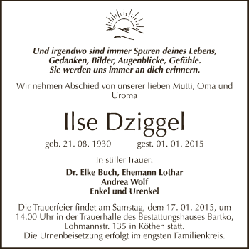 Traueranzeige von Ilse Dziggel von WVG - Wochenspiegel Dessau / Köthen