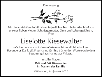 Traueranzeige von Liselotte Kiesewalter von Mitteldeutsche Zeitung Mansfelder Land