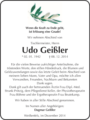 Traueranzeige von Udo Geißler von WVG - Wochenspiegel NMB / WSF / ZTZ