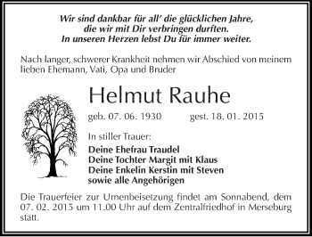 Traueranzeige von Helmut Rauhe von Mitteldeutsche Zeitung Merseburg/Querfurt