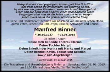 Traueranzeige von Manfred Binner von Super Sonntag Aschersleben