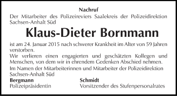 Traueranzeige von Klaus-Dieter Bornmann von Mitteldeutsche Zeitung Merseburg/Querfurt