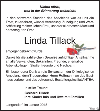 Traueranzeige von Linda Tillack von WVG - Wochenspiegel NMB / WSF / ZTZ