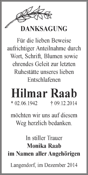 Traueranzeige von Hilmar Raab von Super Sonntag Zeitz