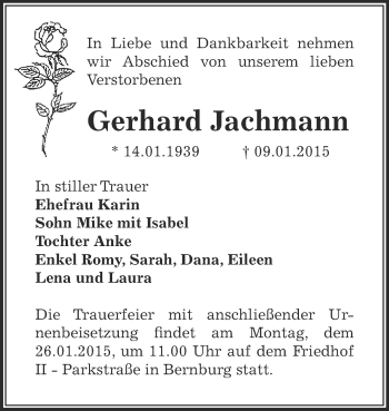 Traueranzeige von Gerhard Jachmann von Super Sonntag Bernburg