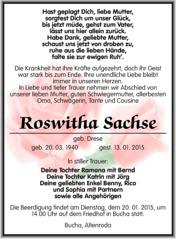Traueranzeige von Roswitha Sachse von Mitteldeutsche Zeitung Naumburg/Nebra