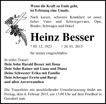 Traueranzeige von Heinz Besser von Mitteldeutsche Zeitung Wittenberg