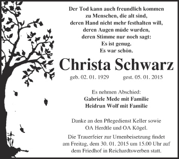 Traueranzeige von Christa Schwarz von WVG - Wochenspiegel NMB / WSF / ZTZ