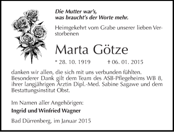 Traueranzeige von Marta Götze von Mitteldeutsche Zeitung Merseburg/Querfurt