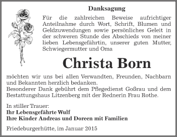 Traueranzeige von Christa Born von Wochenspiegel Mansfelder Land
