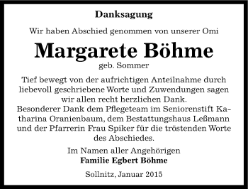 Traueranzeige von Margarete Böhme von Mitteldeutsche Zeitung Dessau-Roßlau