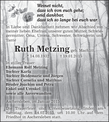 Traueranzeige von Ruth Metzing von Super Sonntag Aschersleben