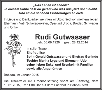 Traueranzeige von Rudi Gutwasser von WVG - Wochenspiegel Bitterfeld