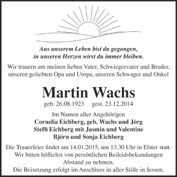 Traueranzeige von Martin Wachs von Super Sonntag Wittenberg