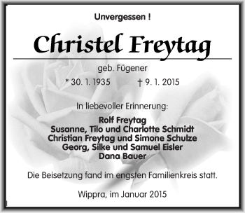 Traueranzeige von Christel Freytag von Mitteldeutsche Zeitung Mansfelder Land