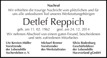 Traueranzeige von Detlef Reppich von Mitteldeutsche Zeitung Aschersleben