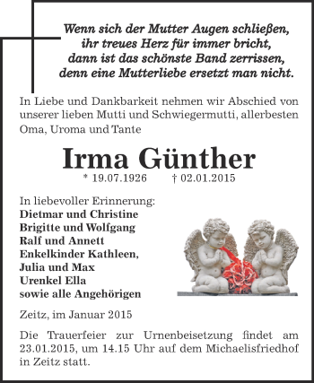 Traueranzeige von Irma Günther von Super Sonntag Zeitz