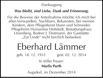 Traueranzeige von Eberhard Lämmer von Mitteldeutsche Zeitung Mansfelder Land
