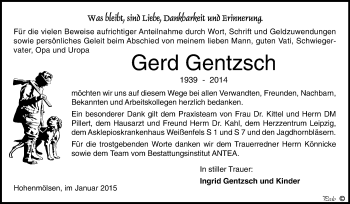 Traueranzeige von Gerd Gentzsch von WVG - Wochenspiegel NMB / WSF / ZTZ