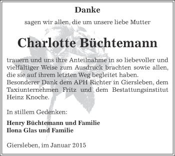 Traueranzeige von Charlotte Büchtemann von Super Sonntag Aschersleben