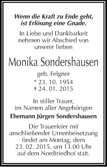 Traueranzeige von Monika Sondershausen von Mitteldeutsche Zeitung Halle/Saalkreis