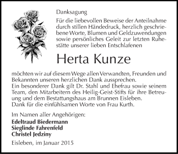 Traueranzeige von Herta Kunze von Mitteldeutsche Zeitung Mansfelder Land
