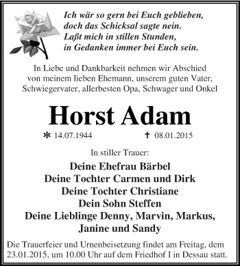 Traueranzeige von Horst Adam von WVG - Wochenspiegel Dessau / Köthen