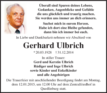 Traueranzeige von Gerhard Ulbrich von Mitteldeutsche Zeitung Quedlinburg