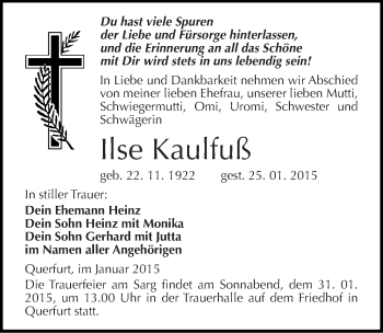 Traueranzeige von Ilse Kaulfuß von Mitteldeutsche Zeitung Merseburg/Querfurt