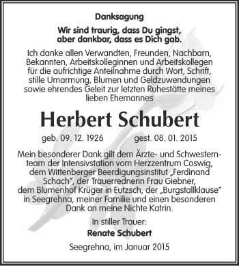Traueranzeige von Herbert Schubert von WVG - Wochenspiegel Wittenberg