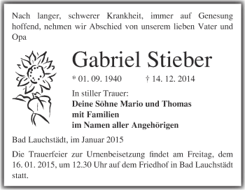 Traueranzeige von Gabriel Stieber von WVG - Wochenspiegel Merseburg