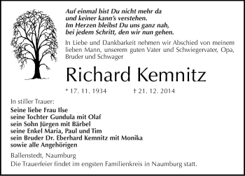 Traueranzeige von Richard Kemnitz von Mitteldeutsche Zeitung Quedlinburg
