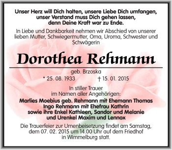 Traueranzeige von Dorothea Rehmann von Mitteldeutsche Zeitung Mansfelder Land