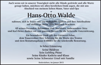 Traueranzeige von Hans-Otto Walde von Mitteldeutsche Zeitung Quedlinburg