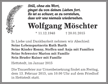Traueranzeige von Wolfgang Möschter von Wochenspiegel Mansfelder Land