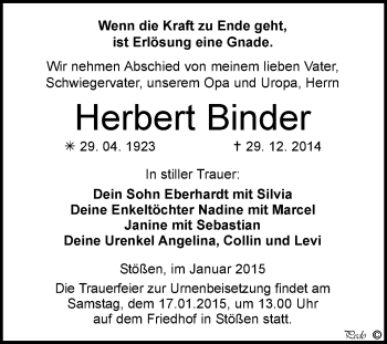 Traueranzeige von Herbert Binder von WVG - Wochenspiegel NMB / WSF / ZTZ