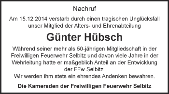 Traueranzeige von Günter Hübsch von Super Sonntag Wittenberg