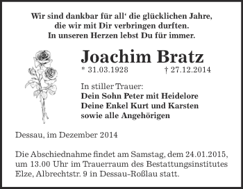 Traueranzeige von Joachim Bratz von WVG - Wochenspiegel Dessau / Köthen
