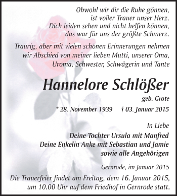 Traueranzeige von Hannelore Schlößer von WVG - Wochenspiegel Quedlinburg