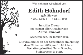 Traueranzeige von Edith Höhndorf von Super Sonntag Aschersleben