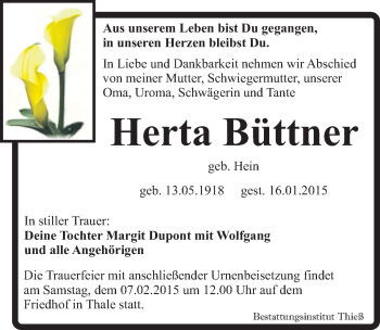 Traueranzeige von Herta Büttner von Mitteldeutsche Zeitung Quedlinburg