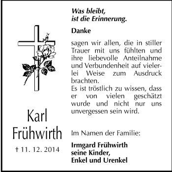 Traueranzeige von Karl Frühwirth von WVG - Wochenspiegel Quedlinburg