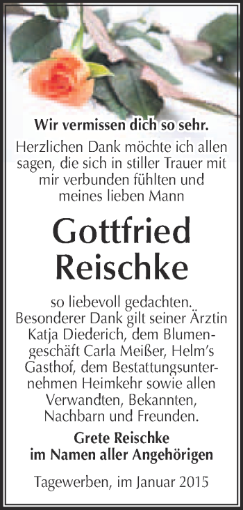 Traueranzeige von Gottfried Reischke von WVG - Wochenspiegel NMB / WSF / ZTZ